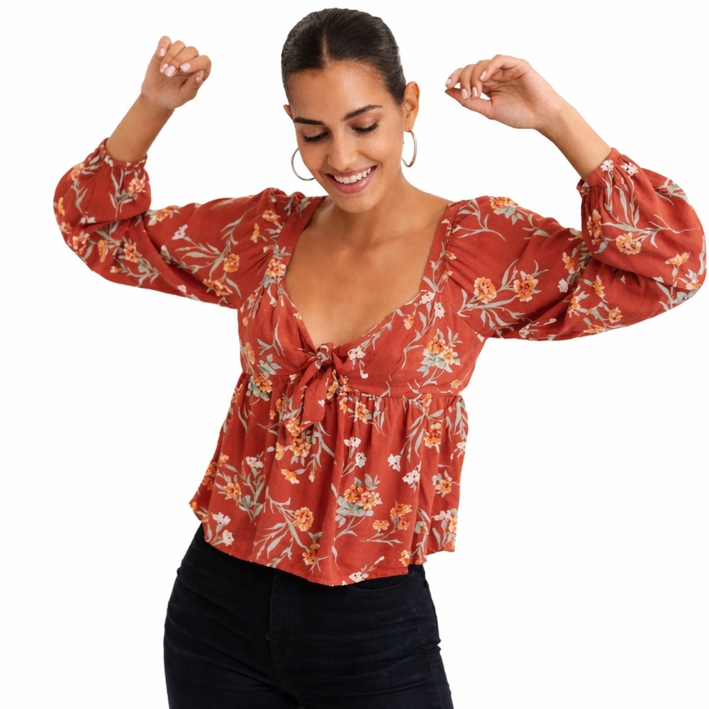 American Eagle Rust Floral Boho Tie Front Babydoll Peplum Top